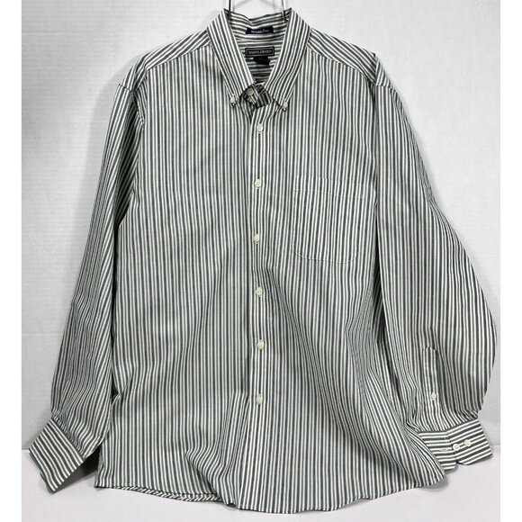 Saddlebred Men's Large Shirt Green White Striped Long Sleeve Wrinkle Free - Picture 1 of 9